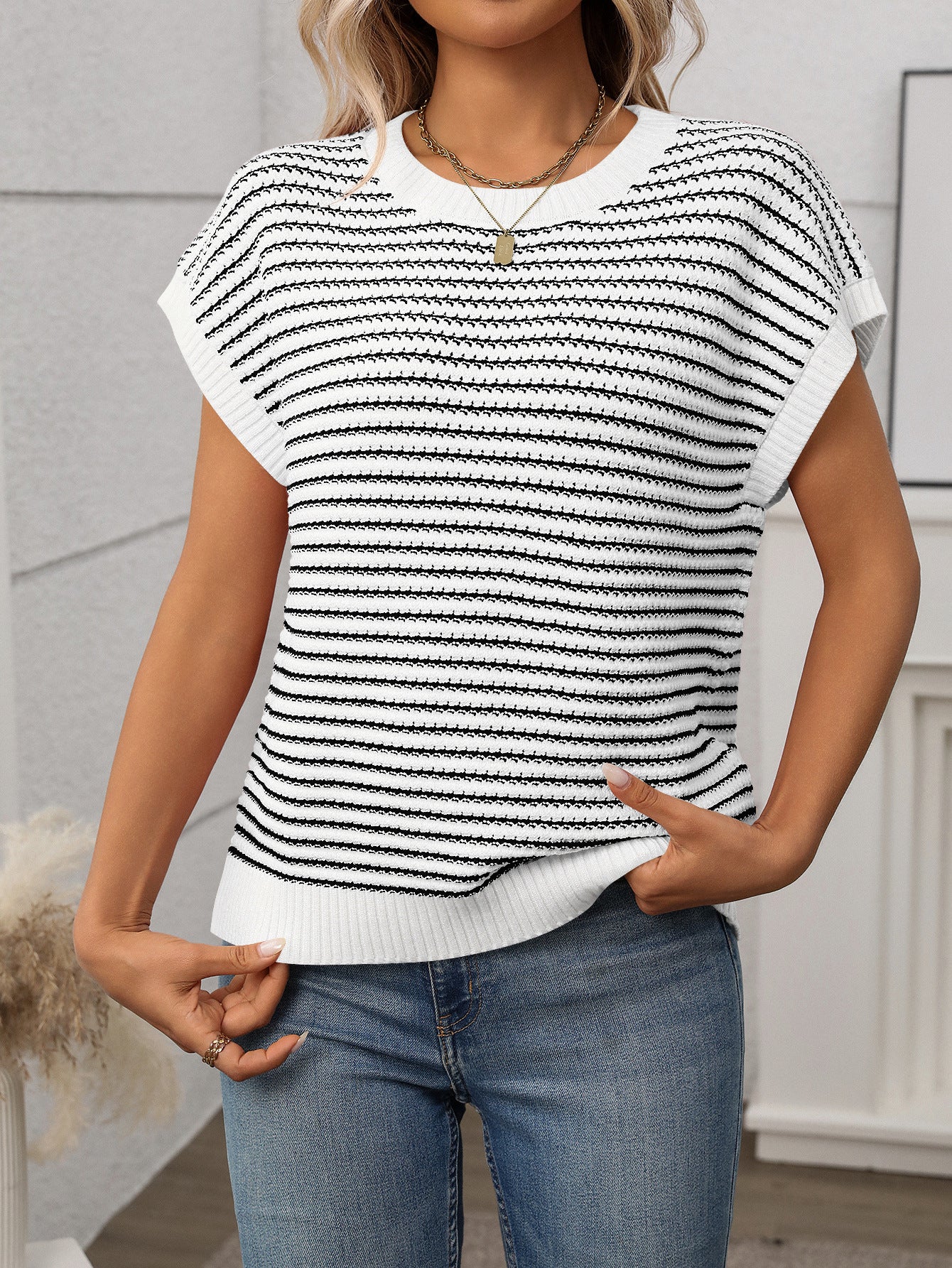 Crew Neck Striped Knit Sweater