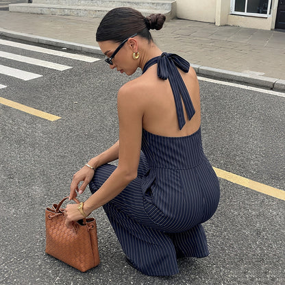 Striped Halter Backless Wide Leg Jumpsuit Office Chic