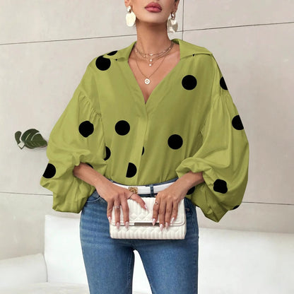 Black V Neck Lantern Sleeve Blouse Loose Fit Top
