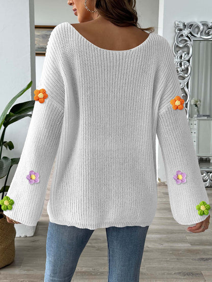 Off-Shoulder Knit Sweater with Crochet Flower Detail