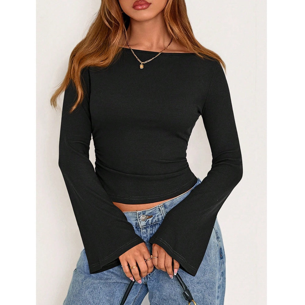 Flare Sleeve Crop Top Y2K Slim Fit Crew Neck Tee