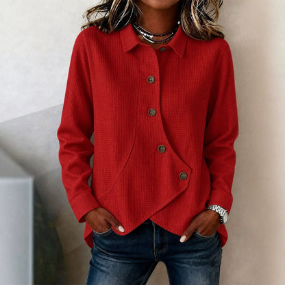 Women's Waffle Knit Button Down Collared Asymmetric Top