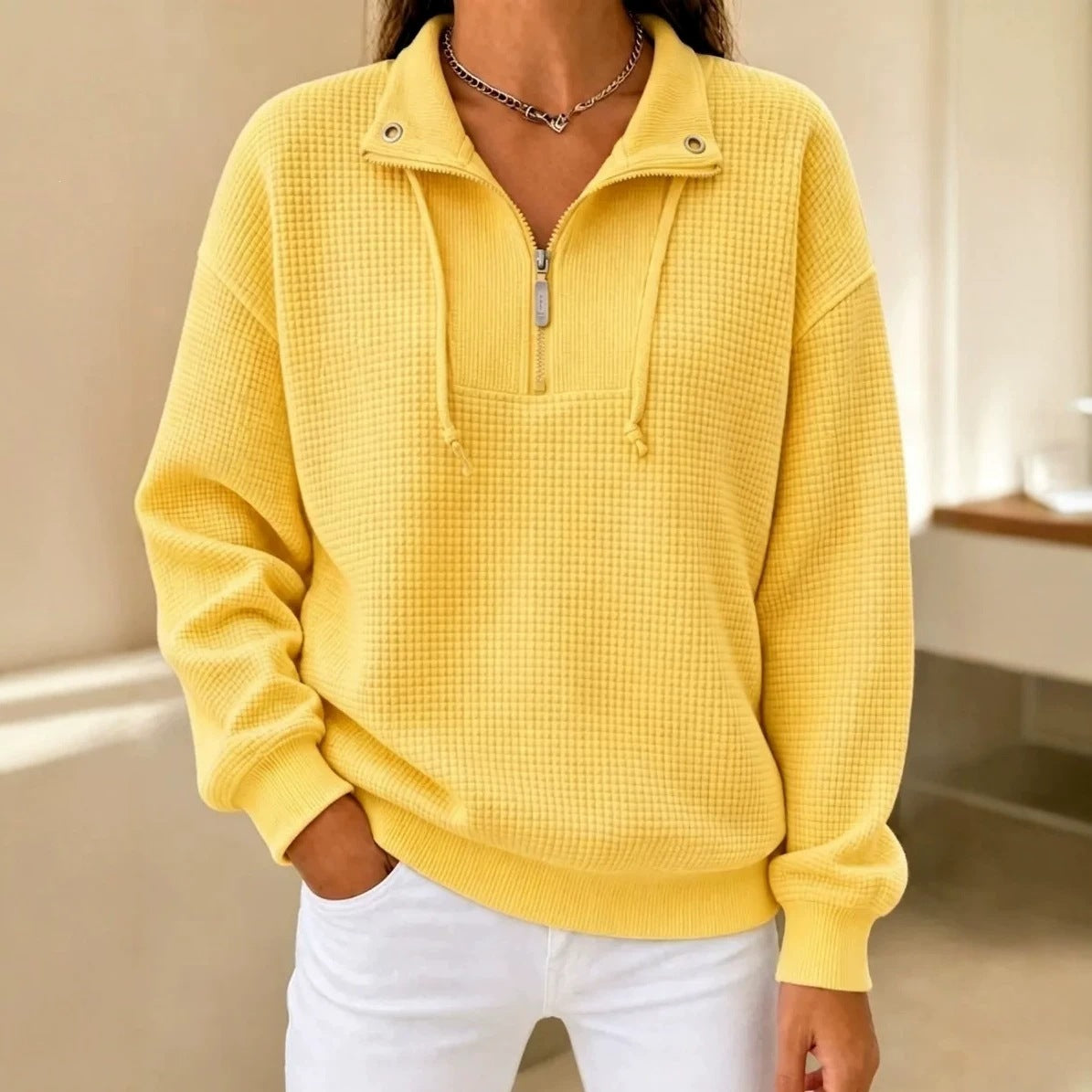 Women's Waffle Knit Half Zip Sweatshirt Oversized Casual