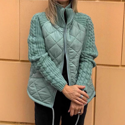 Women's Quilted Zip Jacket Cable Knit Sleeve Coat