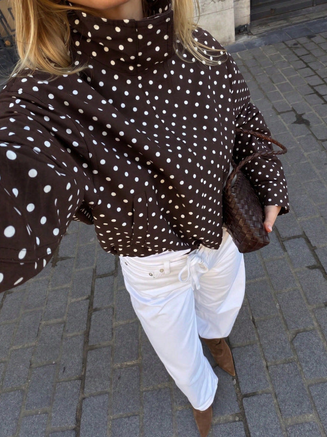Polka Dot Zip Jacket Stand Collar Pocket Loose Coat