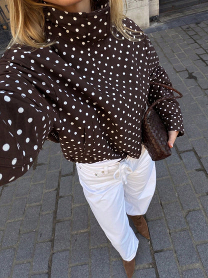 Polka Dot Zip Jacket Stand Collar Pocket Loose Coat