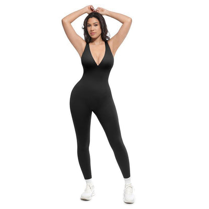 Ribbed V-Neck Seamless Yoga Jumpsuit High Waist