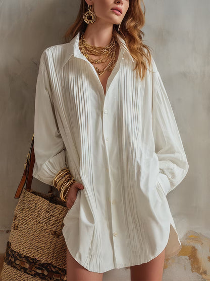 Women's Oversized Pleated Collared Shirt Long Sleeve Blouse