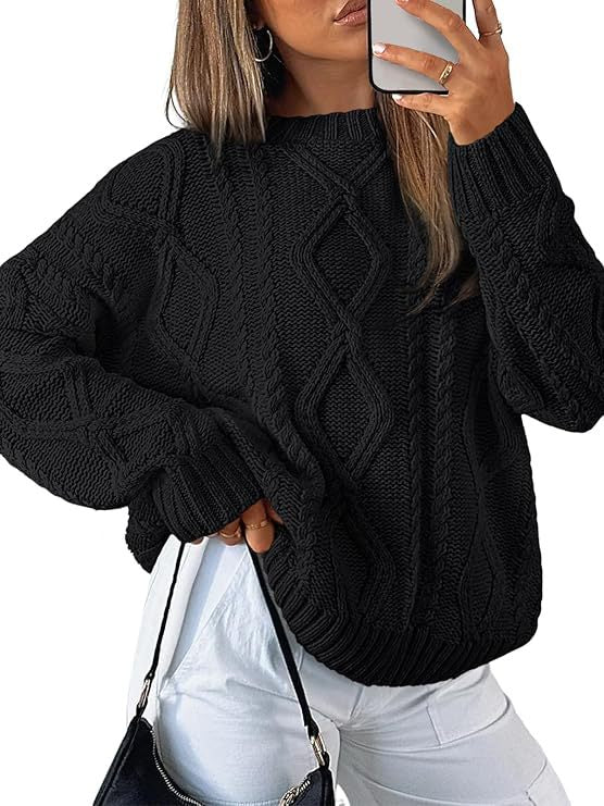 Womens Oversized Cable Knit Crewneck Pullover Sweater