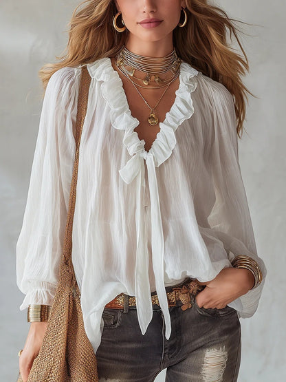 Women's Ruffle V Neck Tie Front Long Sleeve Blouse