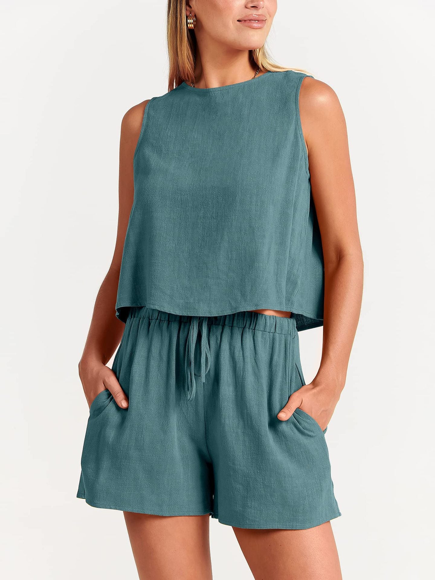 Sleeveless Top and Drawstring Shorts Two Piece Set