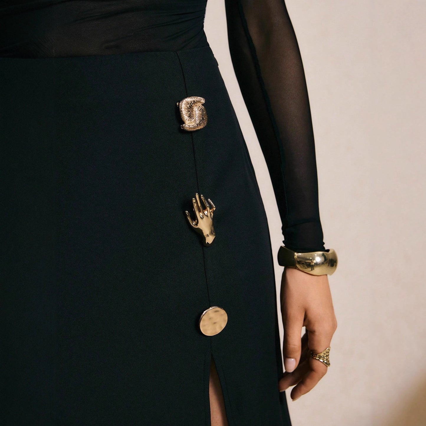 High Waist Slit Pencil Skirt with Gold Button Detail