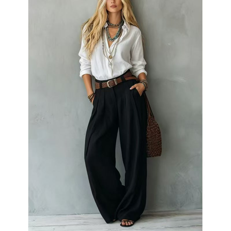 Women's Two Piece Button Down Shirt & Wide Leg Pants Set