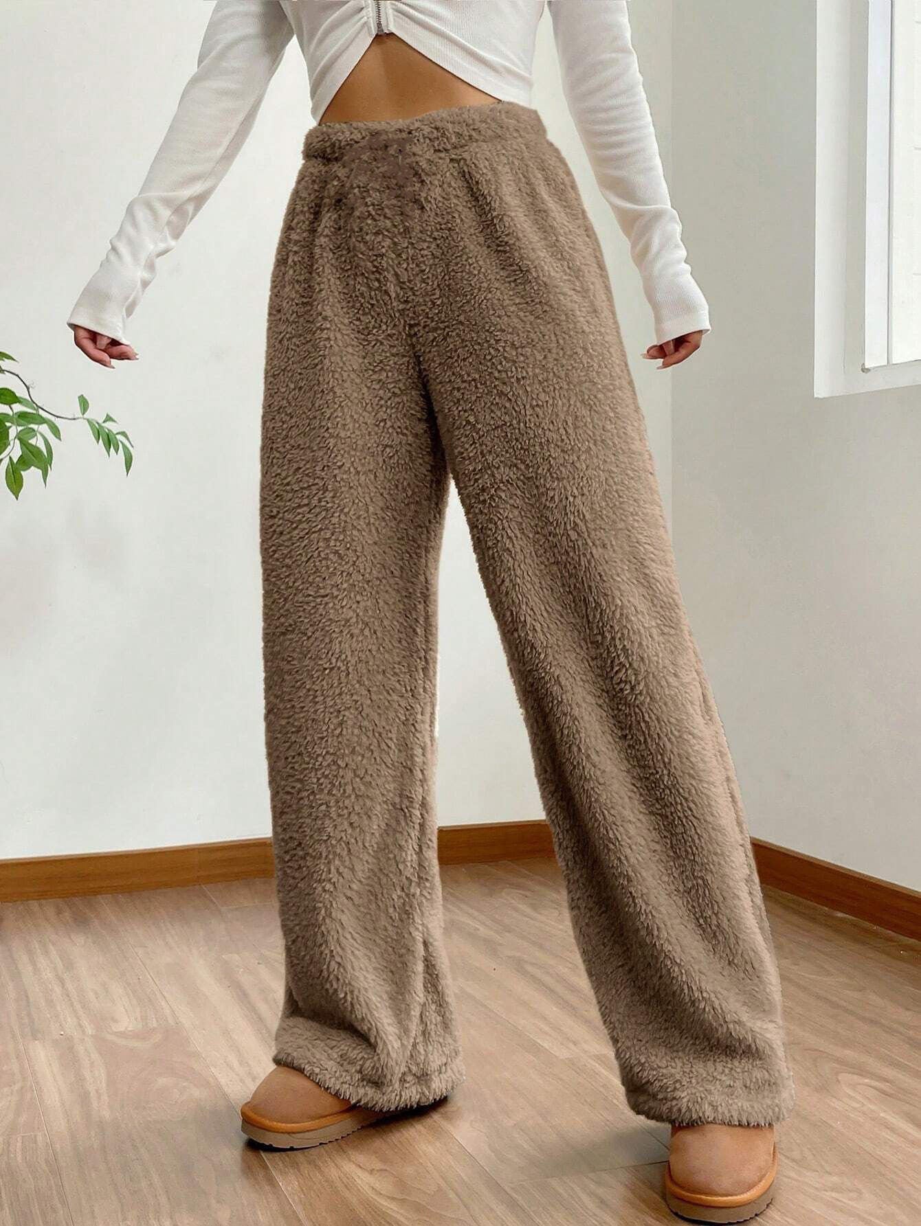 Women's Sherpa Fleece Wide Leg Pants Warm Cozy Casual