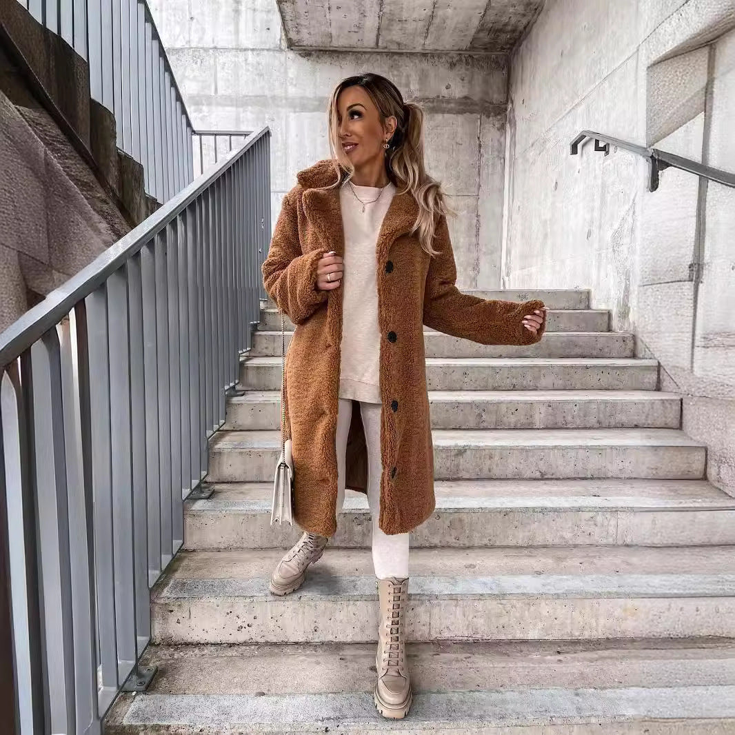 Women's Teddy Coat Button Front Fleece Lapel Long Sleeve