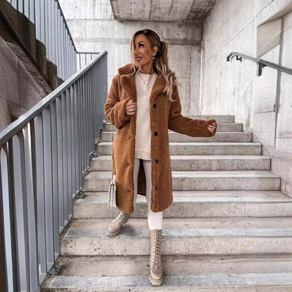 Women's Teddy Coat Button Front Fleece Lapel Long Sleeve
