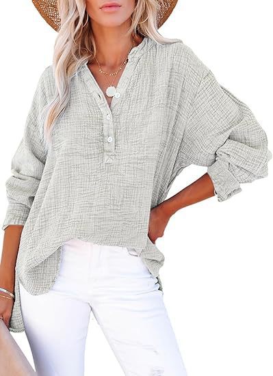 Womens Cotton Textured Long Sleeve Button Blouse