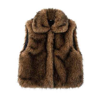 Women's Long Faux Fur Vest Sleeveless Lapel Winter Chic