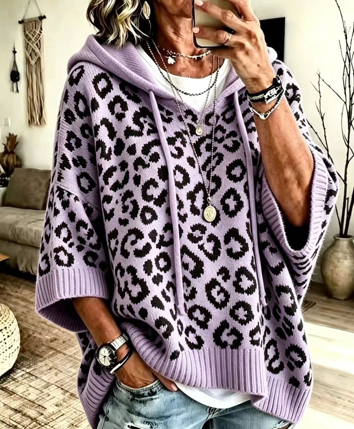 Oversized Leopard Print Hooded Knit Sweater Pullover