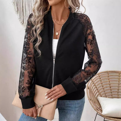 Lace Panel Baseball Collar Long Sleeve Jacket for Women