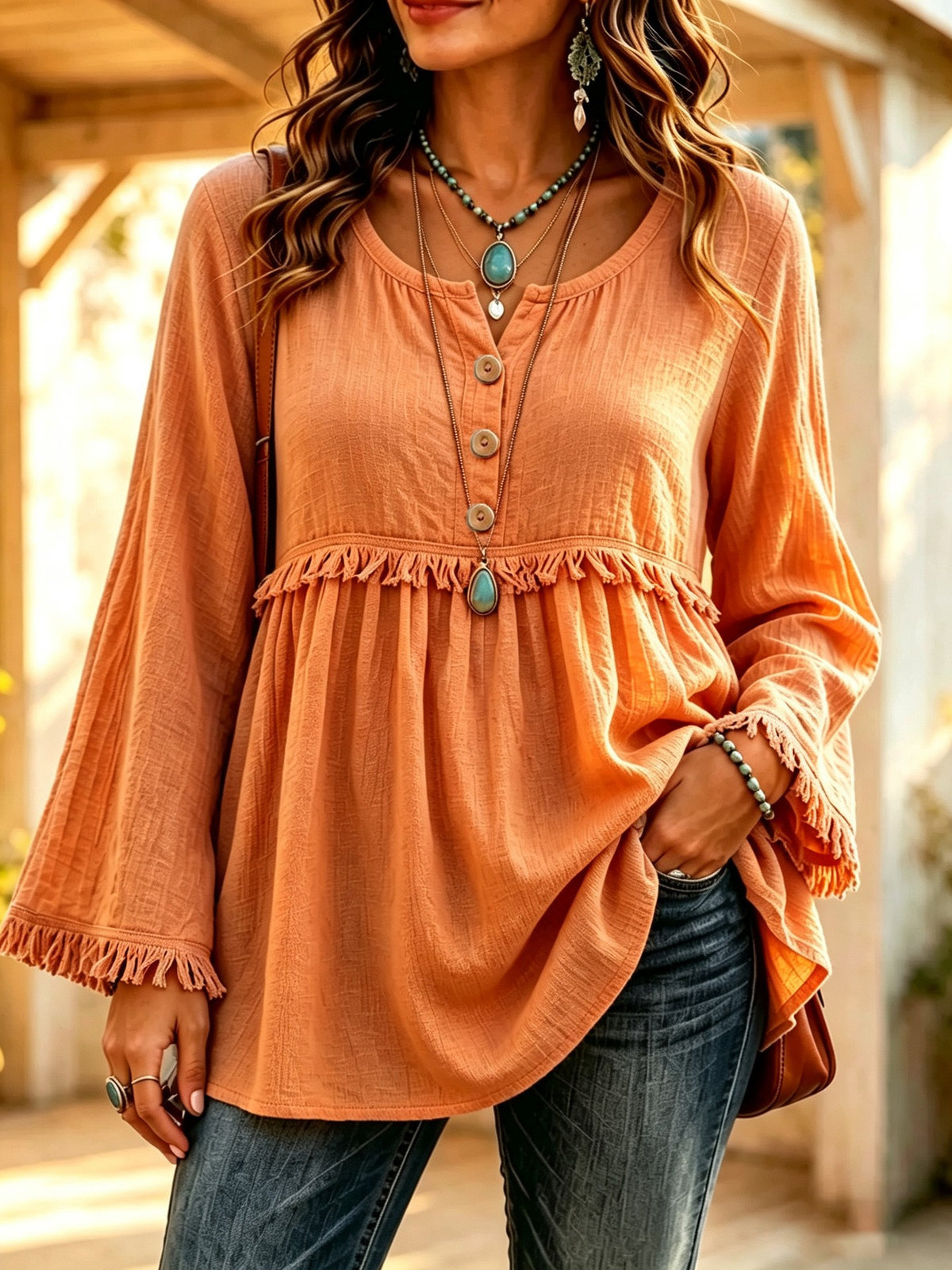 Boho Fringe Button Front Long Sleeve Casual Top