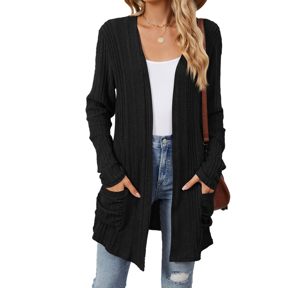 Women's Long Sleeve Ribbed Open Front Cardigan Pockets