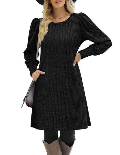 Ribbed Puff Sleeve A-Line Midi Sweater Dress
