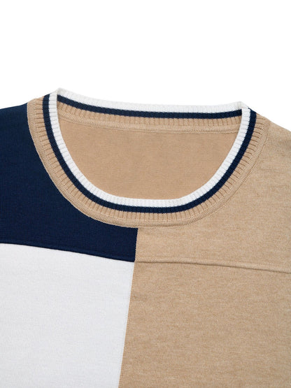 Color Block Patchwork Crew Neck Knit Sweater