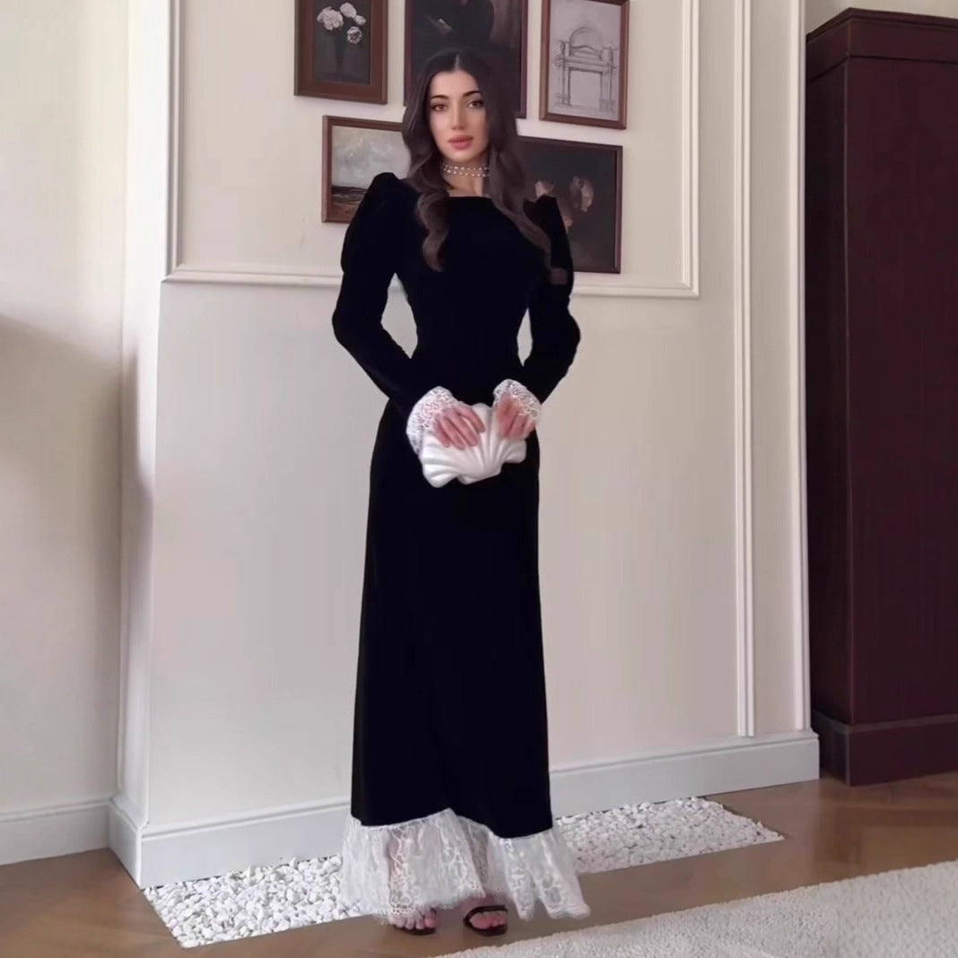 Velvet Maxi Dress Square Neck Lace Trim Long Sleeve