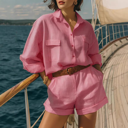 Women's 2 Piece Linen Shirt & Shorts Matching Set