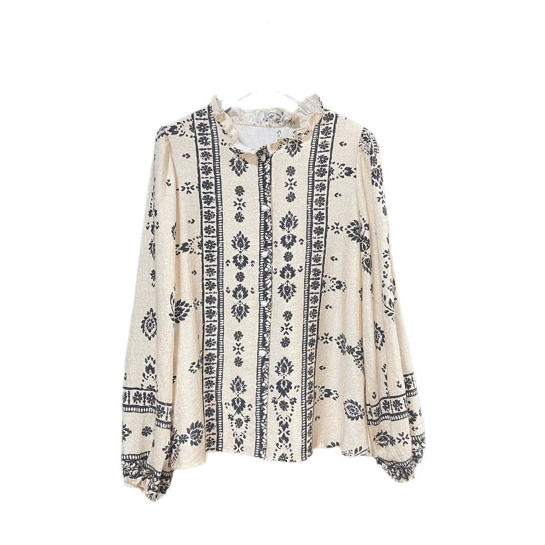 Women's Boho Vintage Printed Ruffle Long Sleeve Blouse