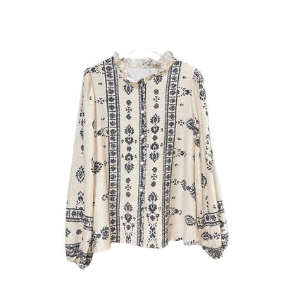 Women's Boho Vintage Printed Ruffle Long Sleeve Blouse