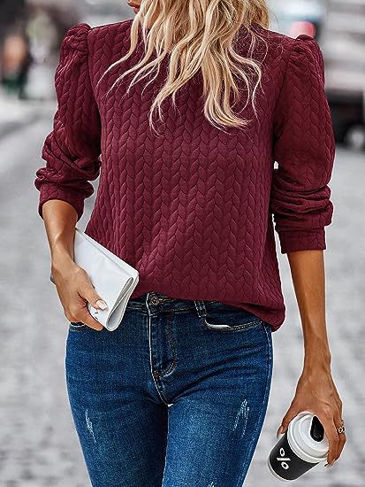 Textured Bubble Sleeve Sweater Women Crew Neck Pullover Top