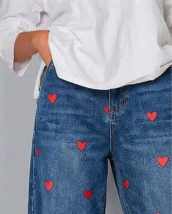 Women's Heart Print Baggy Cropped Denim Jeans