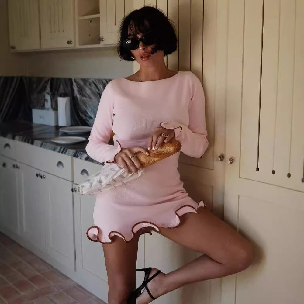 Ribbed Knit Lettuce Hem Bodycon Mini Dress Long Sleeve