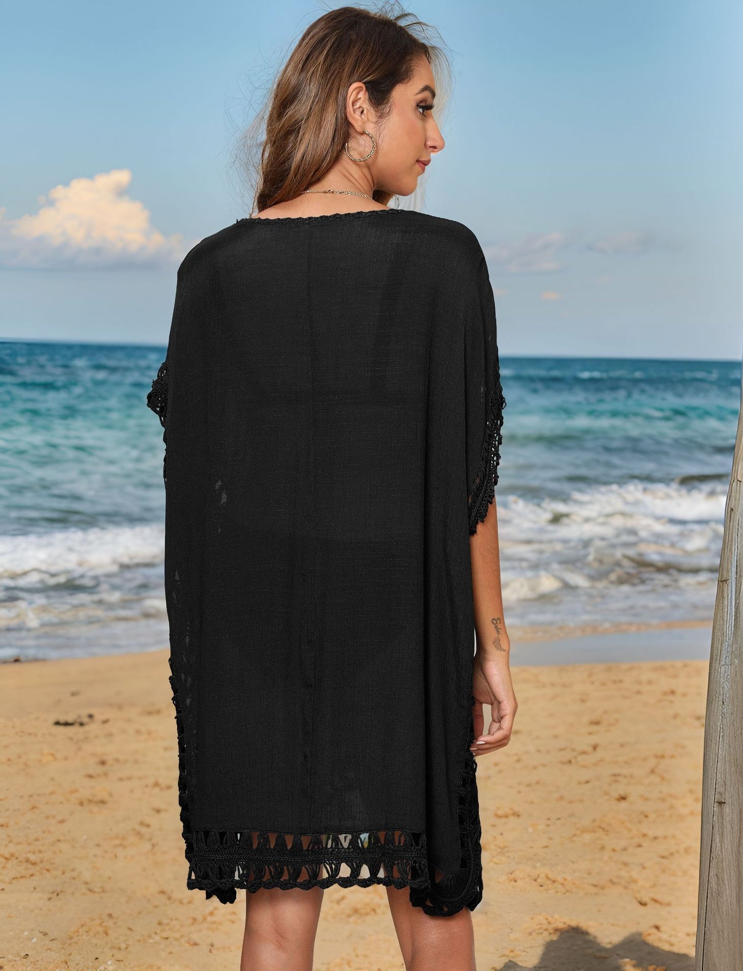 Crochet Tie-Front Beach Cover Up Loose Mini Dress