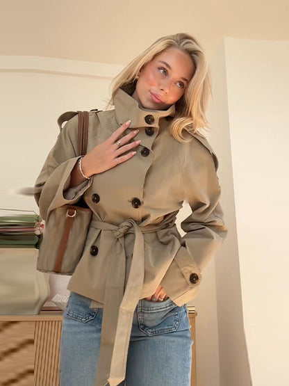 Women's Belted Double Breasted Cropped Trench Coat