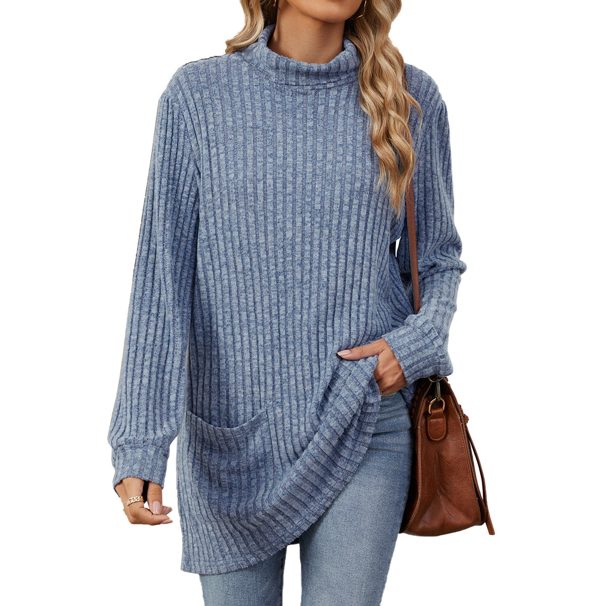 Women's Oversized Ribbed Mock Neck Tunic with Pockets