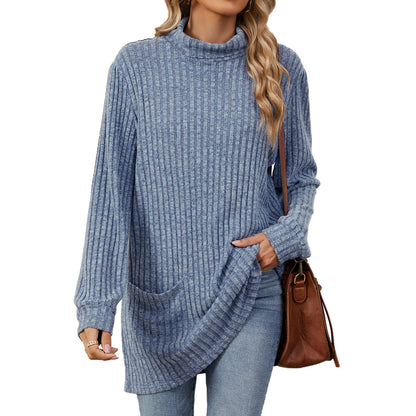 Women's Oversized Ribbed Mock Neck Tunic with Pockets