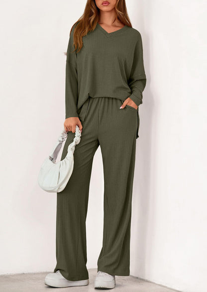 Women's Two Piece Ribbed Lounge Set Wide Leg Pants