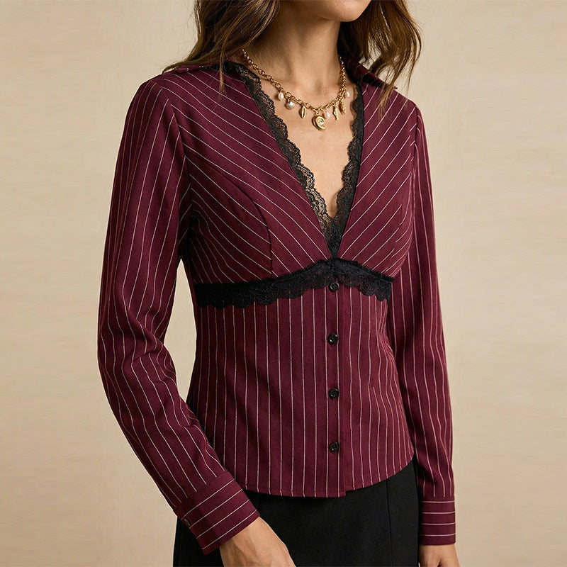 Women's Lace Trim Striped Fitted Long Sleeve Blouse
