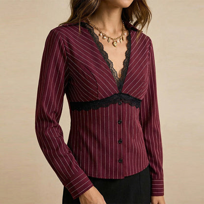 Women's Lace Trim Striped Fitted Long Sleeve Blouse