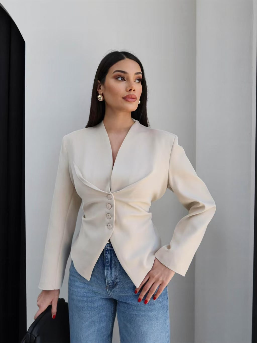 Women's V-Neck Cinched Waist Blazer Asymmetric Hem
