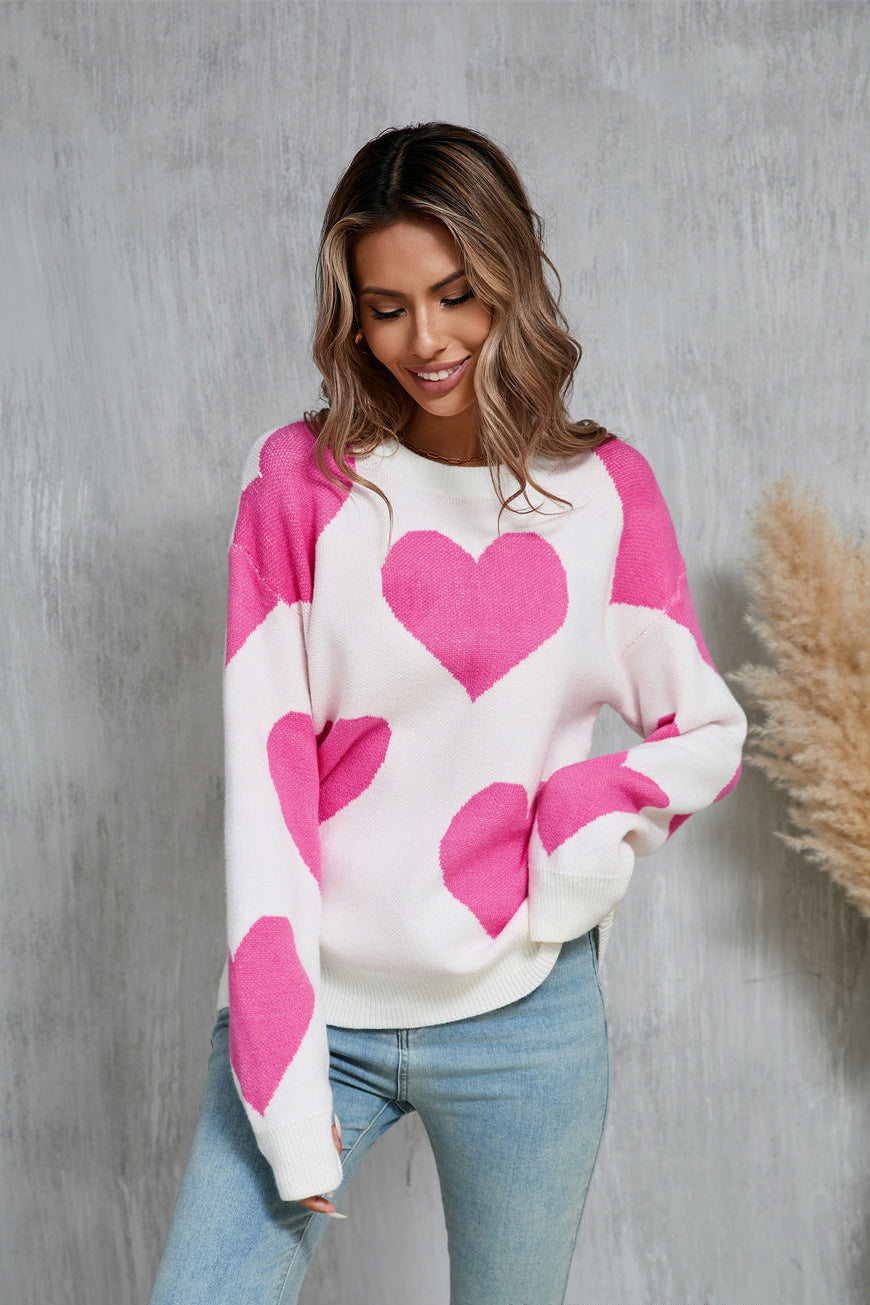Valentine Heart Knit Sweater Pink Red Pullover Top