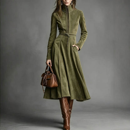 Vintage Faux Suede Long Sleeve Belted Zip Front Maxi Dress