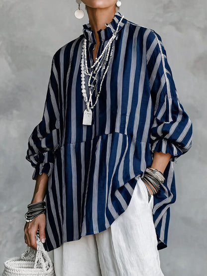 Women's Oversized Striped Blouse Balloon Sleeve Tunic Top