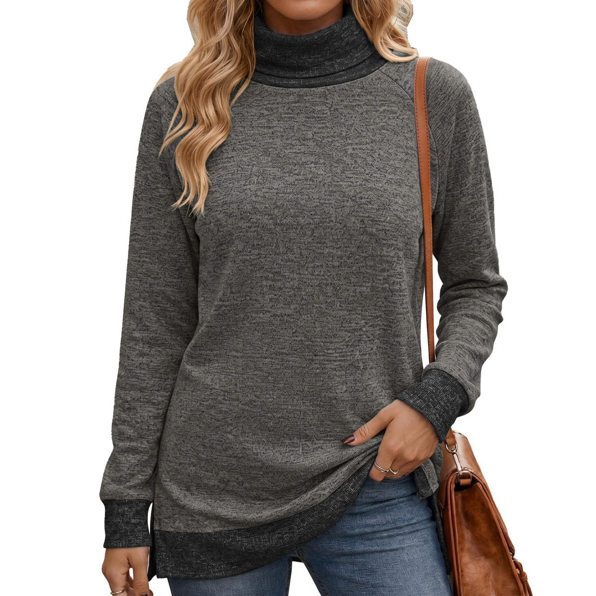 Color Block Turtleneck Long Sleeve Side Slit Tunic Top