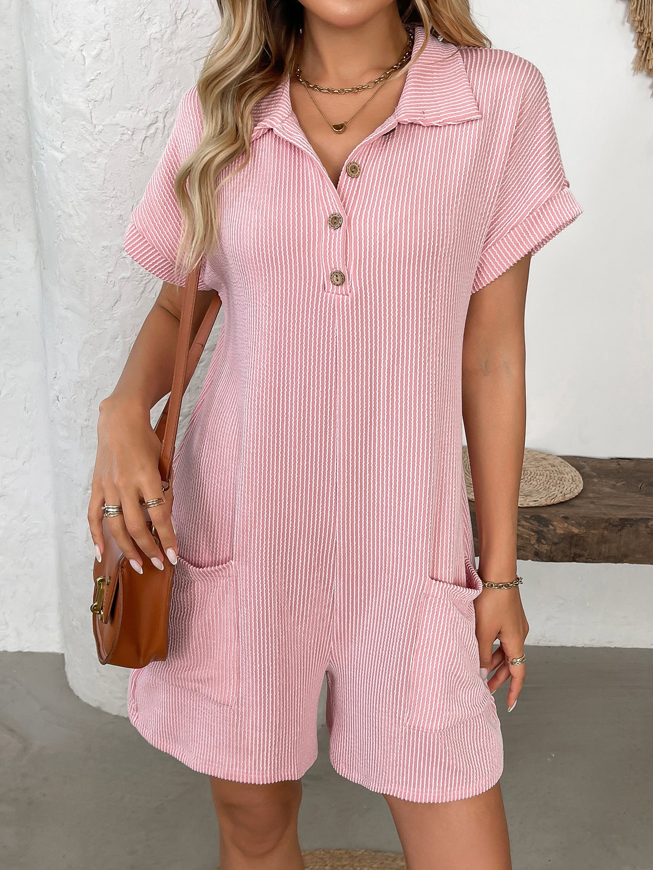 Lapel Button Loose Pocket Short Sleeve Jumpsuit