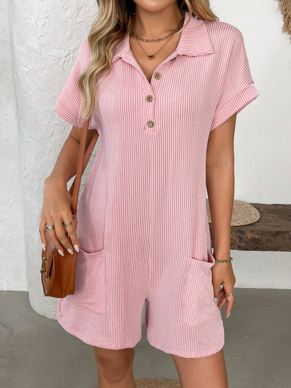 Lapel Button Loose Pocket Short Sleeve Jumpsuit