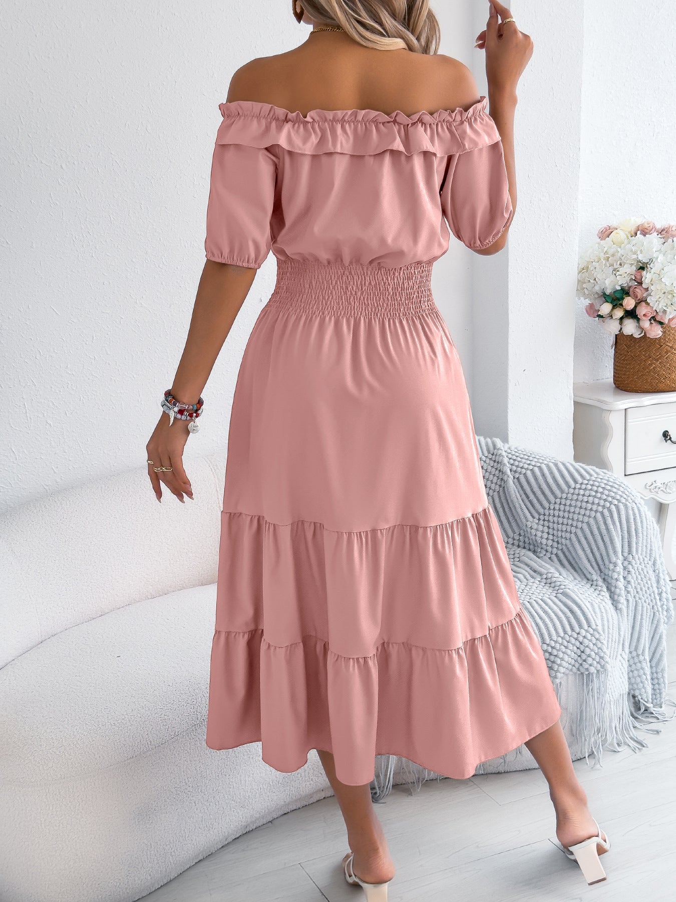 Off Shoulder Smocked Waist Maxi Dress Ruffle Sleeve